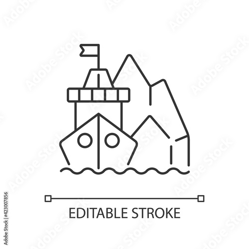 Arctic exploration linear icon. Polar regions exploration. Undisturbed marine spaces on earth. Thin line customizable illustration. Contour symbol. Vector isolated outline drawing. Editable stroke