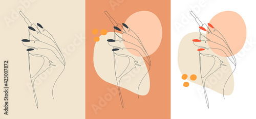 Elegant female hands with manicure one line drawing.Nail polish.Trendy minimalist Linear art.Nail salon vector logo.Manicurist.Beige Template for beauty salon, card, poster, banner, social media