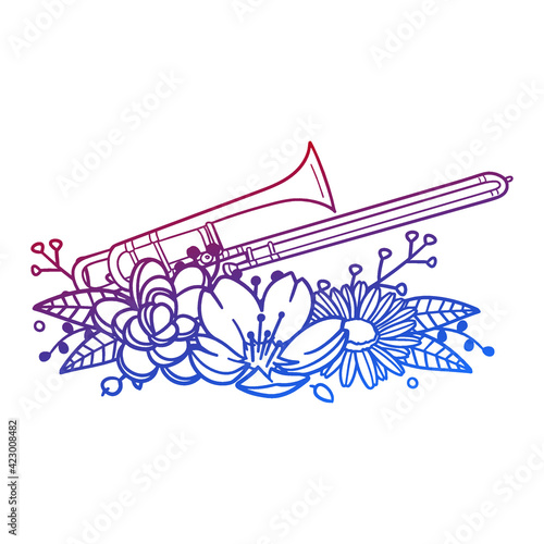 Trombone Rose Flower with Vintage Instument Design. Music Floral frame ornament vector style. Decoration Design Wreat illustration.