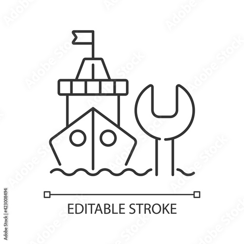 Ship maintenance and repair linear icon. Repairing floating vessels. Naval engineering. Thin line customizable illustration. Contour symbol. Vector isolated outline drawing. Editable stroke