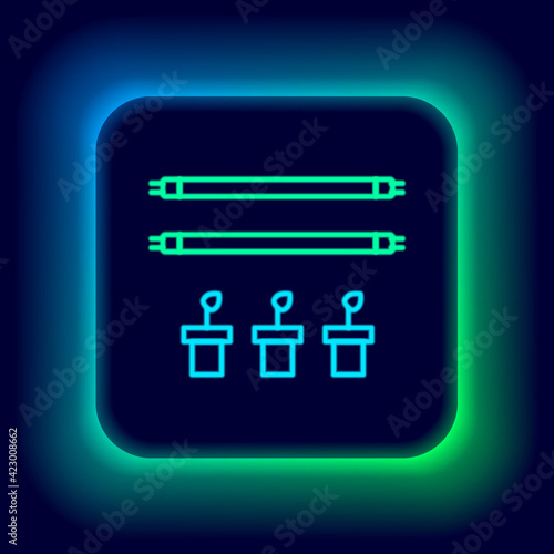 Glowing neon line Smart farm with light bulb and plant symbol icon isolated on black background. Colorful outline concept. Vector