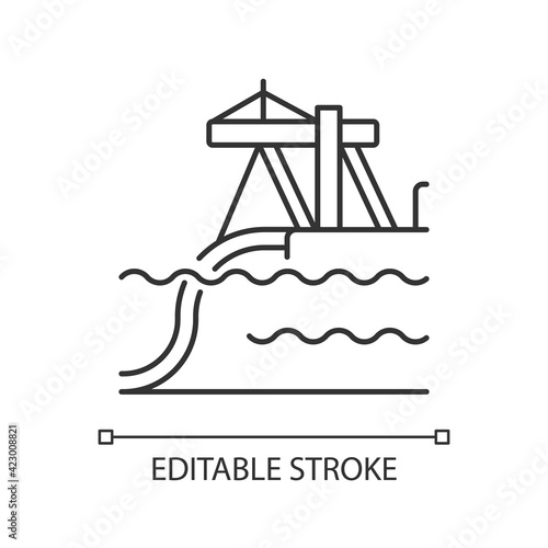 Underwater pipeline installation linear icon. Laying pipe on seabed. Buried infrastructure. Thin line customizable illustration. Contour symbol. Vector isolated outline drawing. Editable stroke