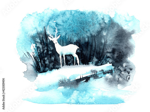 Watercolor postcard of a white deer in the forest