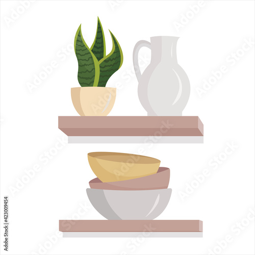 pink kitchen shelf with white jug, plates and potted flower isolated on white background. Kitchen utensils, milk jug, flat-style lemonade jug.