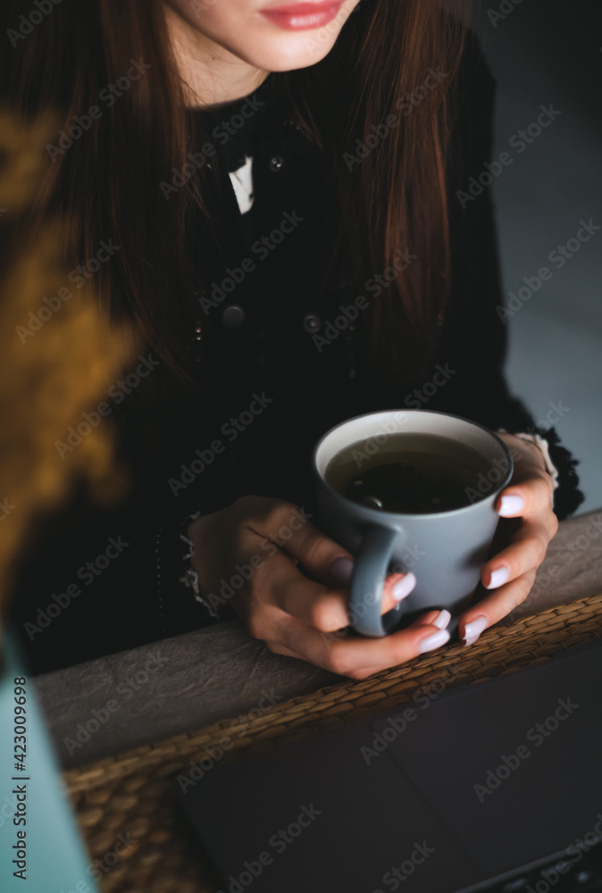 Young caucasian woman with brunette hair resting at home in cozy atmosphere, drinking tea sitting in front laptop and looking on the screen. Young caucasian woman with brunette hair resting at home in cozy atmosphere, drinking tea sitting in front laptop and looking on the screen.
