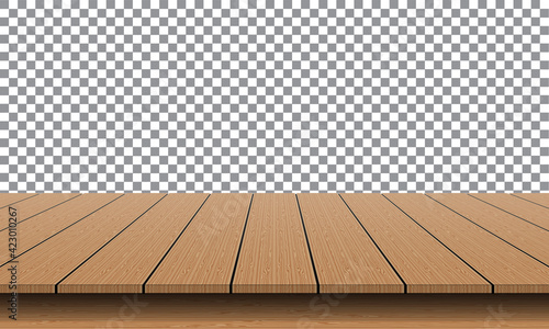 Realistic brown wood table empty top on transparency background vector illustration.