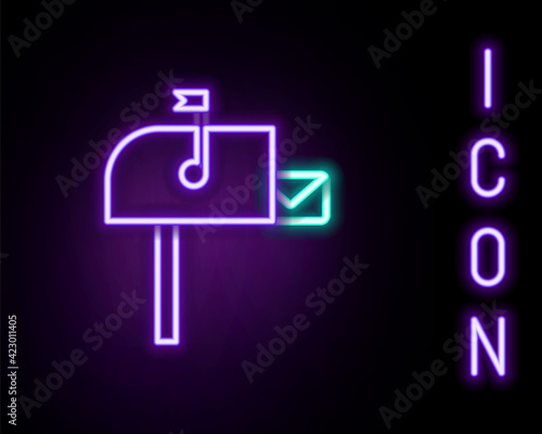 Glowing neon line Open mail box icon isolated on black background. Mailbox icon. Mail postbox on pole with flag. Colorful outline concept. Vector
