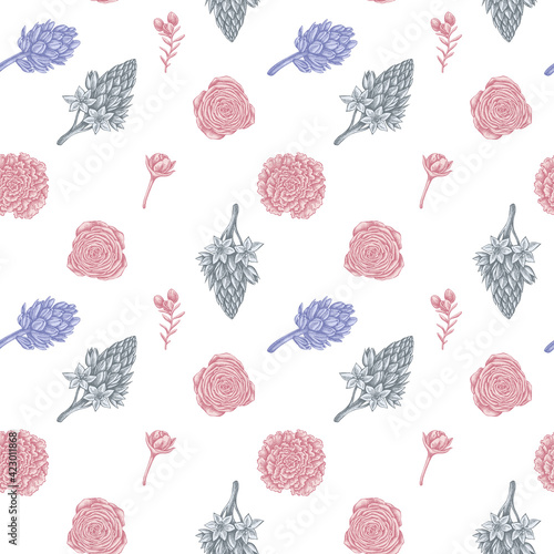 Seamless pattern with hand drawn pastel peony, carnation, ranunculus, wax flower, ornithogalum, hyacinth