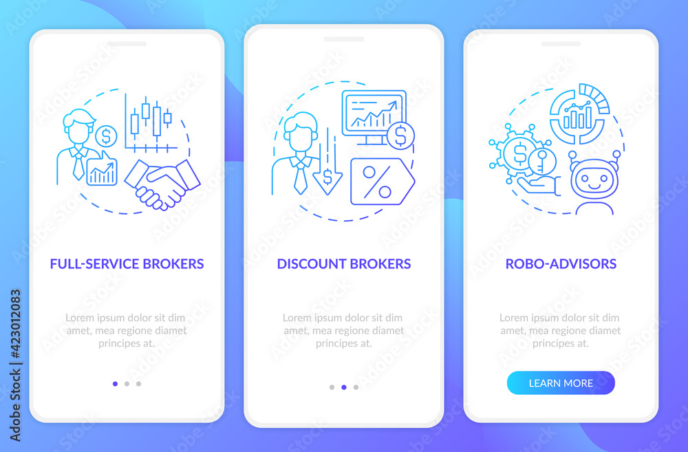 Trader types onboarding mobile app page screen with concepts. Licensed, automated stockbrokers walkthrough 3 steps graphic instructions. UI, UX, GUI vector template with linear color illustrations