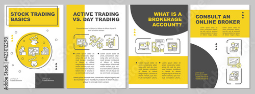 Stock trading basics brochure template. Day trading. Flyer, booklet, leaflet print, cover design with linear icons. Vector layouts for presentation, annual reports, advertisement pages