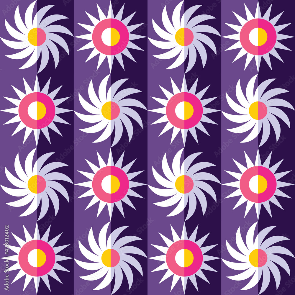 Abstract background design with sun, stars, flowers. Graphic seamless pattern. Violet color. Vector illustration. 