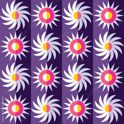 Abstract background design with sun  stars  flowers. Graphic seamless pattern. Violet color. Vector illustration. 