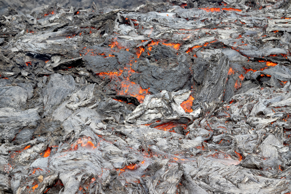 Texture of volcanic lava. Volcano eruption at Fagradalsfjall, Iceland.