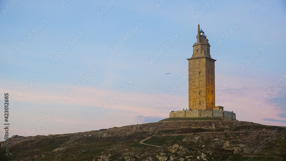 Hercules Tower in La Coruña at sunset