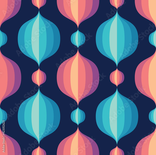 Abstract background design. Geometric seamless pattern. Decorative ornament in Mid-century modern art style. Pink, lilac, blue, purple colors. Atomic stylized backdrop. 