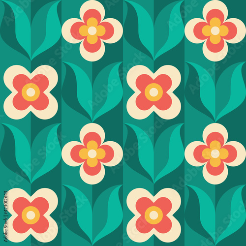 Background design - flowers and green leaves. Nature ornament seamless pattern. Floral garden concept background. Abstract geometric mosaic. Vector illustration. 
