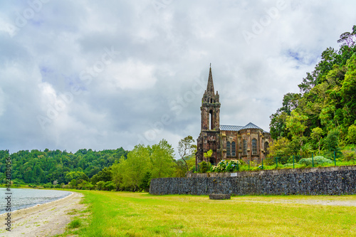 Church on the shore of Lagoa das Furnas, Sao Miguel, Azores Islands, Portugal