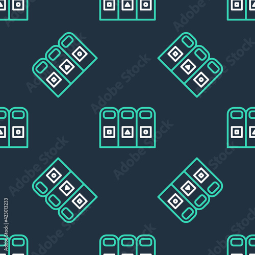 Line Trash in garbage cans with sorted garbage icon isolated seamless pattern on black background. Recycle basket icon. Vector