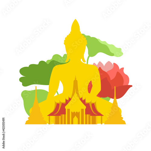 Wat Phra Keo temple with Buddha and bodhi trees in Thailand. Vector illustration. 