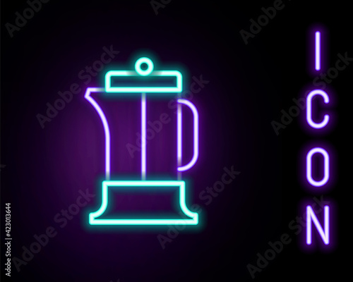Glowing neon line French press icon isolated on black background. Colorful outline concept. Vector