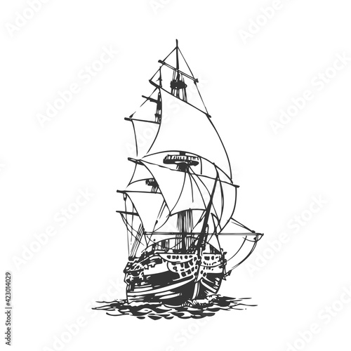 Sailing Ship Drawing. Sea or River Old Transport