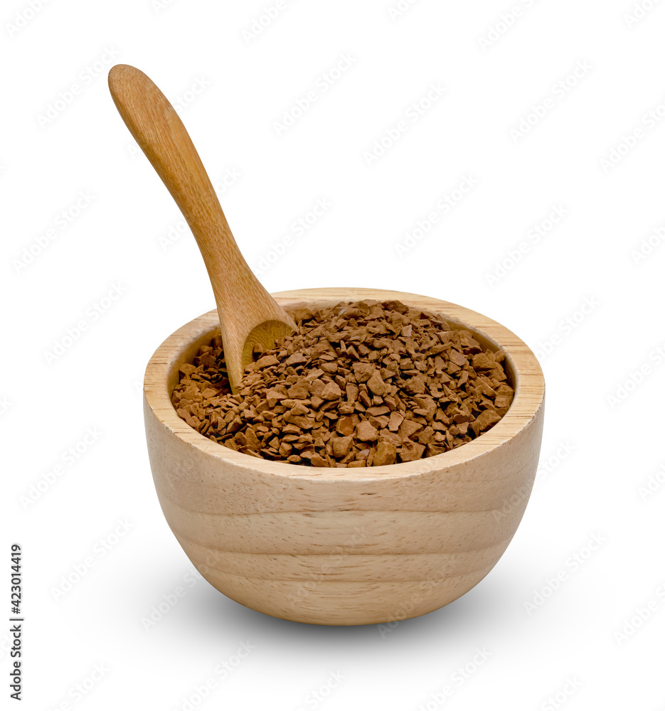 Instant coffee powder with wooden spoon and bowl isolated on white background ,include clipping path Instant coffee powder with wooden spoon and bowl isolated on white background ,include clipping path