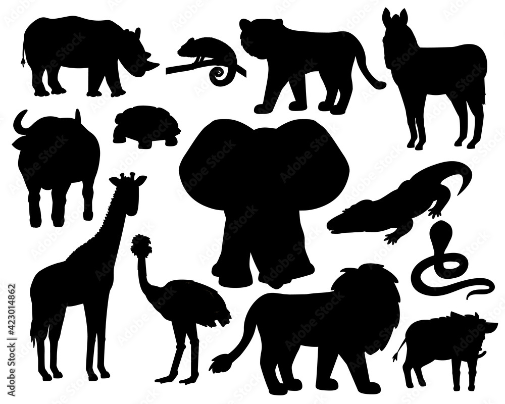 Set of Savannah animals silhouettes on white background. Tiger, lion rhinoceros, common warthog, African buffalo, tortoise, chameleon, zebra, ostrich, elephant, giraffe crocodile, cobra.