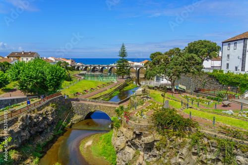 Panoramic cityscape view to Municipality and central square of Ribeira Grande, Sao Miguel, Azores