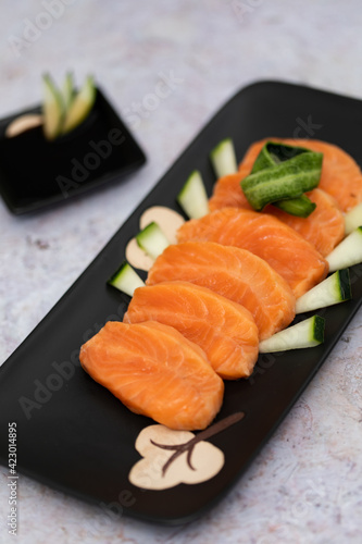 Delicious Japanese food with salmon and soy sauce 