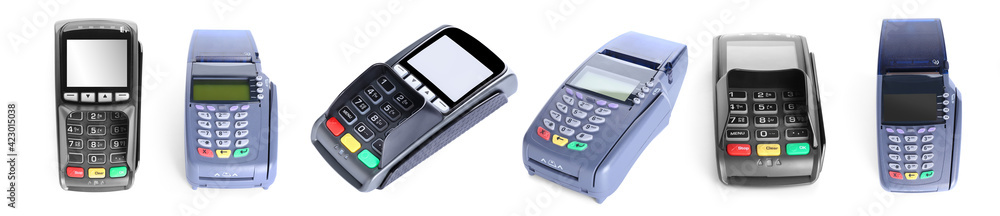 Collage of payment terminals on white background Collage of payment terminals on white background
