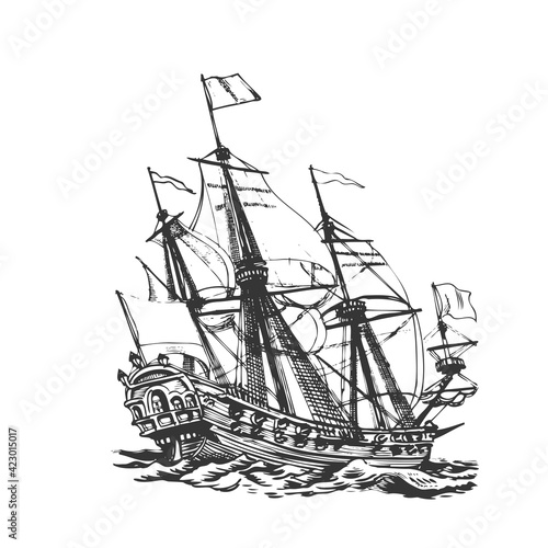 Sailing Ship Sketch Drawing. Sea or River Marine Transport	