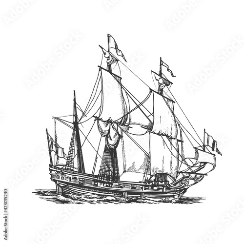 Sailing ship, hand drawing. Vector