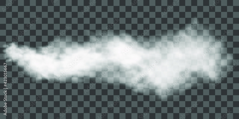 Fototapeta White fog texture isolated on transparent background. Steam special effect. Realistic vector fire smoke or mist