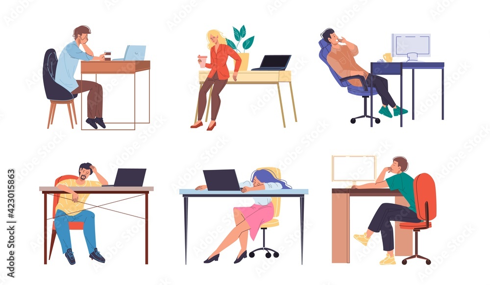 Cartoon flat characters hardworking office workers busy employees,stressed and tired at office interior. Hard workflow of business people concept