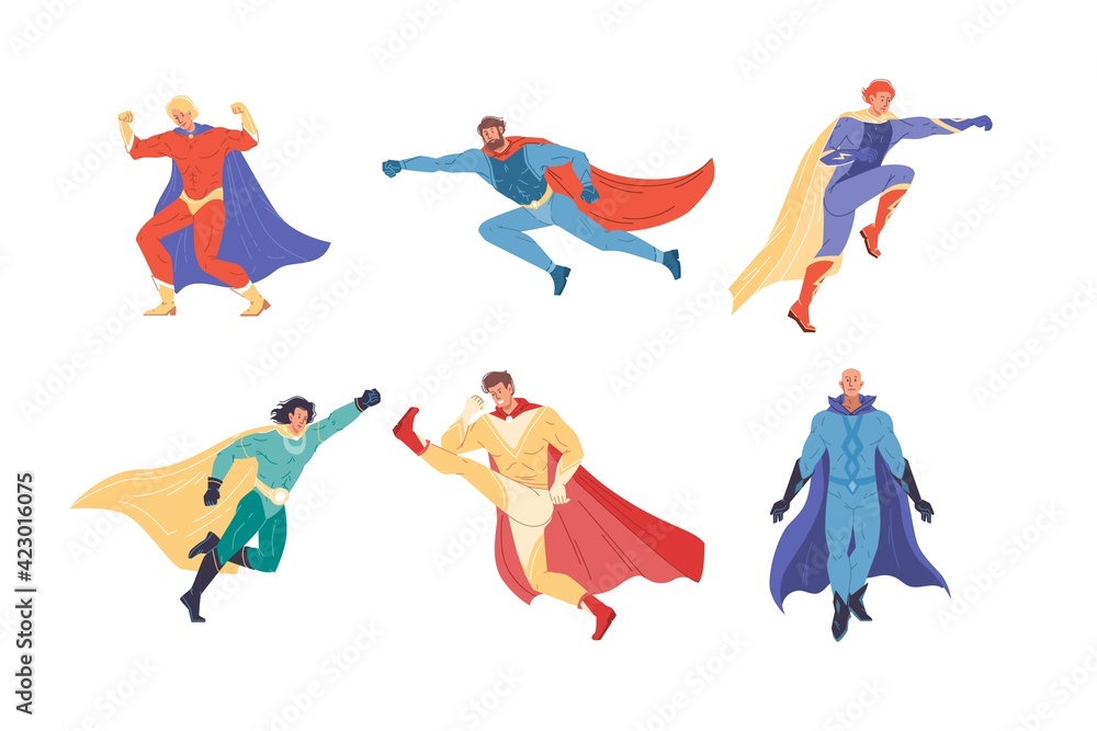 Set of vector cartoon flat superhero characters - different poses and moves, colors, costumes clothing, entertainment concept design