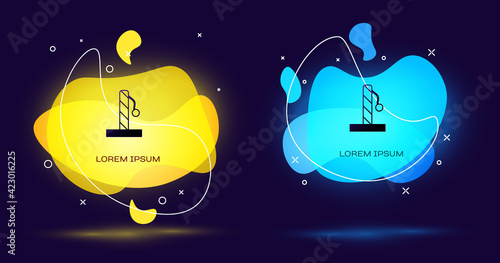 Black Cat scratching post with toy icon isolated on black background. Abstract banner with liquid shapes. Vector