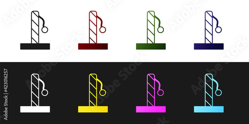 Set Cat scratching post with toy icon isolated on black and white background. Vector