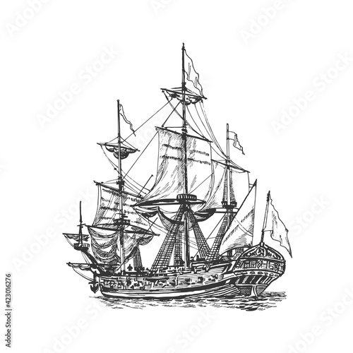 Wallpaper Mural Sailing ship, graphic hand drawing. Sea or river transport, an isolated object. Vector Torontodigital.ca