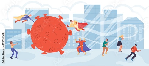 Vector cartoon flat superhero characters fight coronavirus,protecting people - covid prevention,protection vs pandemic viral infection medical social concept