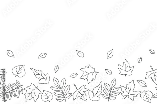 Seamless ribbon border with contour graphic leaves. Black and white background. Botanical illustration. Space for your text. Vector.