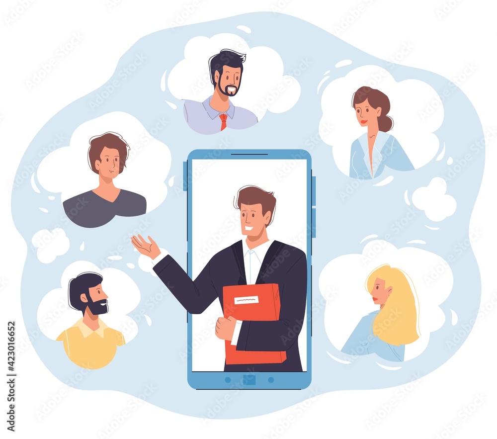 Vector cartoon flat businessmen characters online conference - distance business meeting,brainstorm,online education,coworking concept Vector cartoon flat businessmen characters online conference - distance business meeting,brainstorm,online education,coworking concept