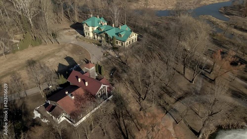 Aerial view of the old manor. Loshitsa manor, Minsk, Belarus. Back view. 