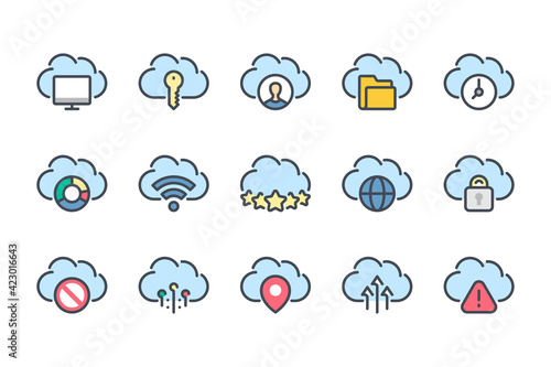 Cloud technology and server data service color line icon set. Cloud computing system and Network linear icons. Online storage and hosting colorful outline vector sign collection.