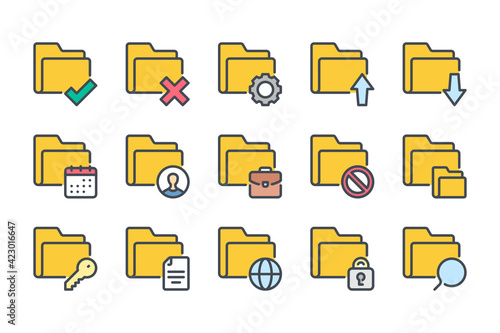 Folder and file management color line icon set. Archive settings linear icons. Document organization colorful outline vector sign collection.