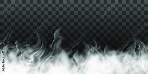 White fog texture isolated on transparent background. Steam special effect. Realistic vector fire smoke or mist	