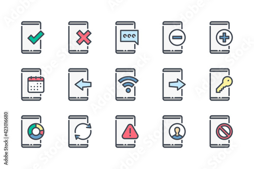 Mobile phone notifications and settings color line icon set. Smartphone options and preferences linear icons. Mobile navigation and application colorful outline vector sign collection.