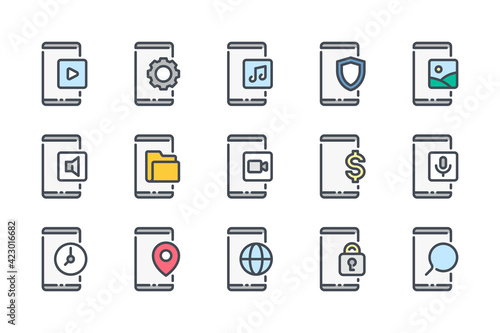 Mobile phone notifications and settings color line icon set. Smartphone options and preferences linear icons. Mobile navigation and application colorful outline vector sign collection.