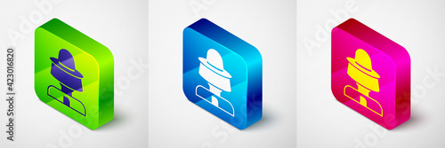 Isometric Beekeeper with protect hat icon isolated on grey background. Special protective uniform. Square button. Vector