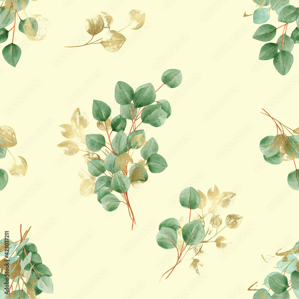 Obraz premium Watercolor seamless pattern with eucalyptus branches on a light background. Foliage, greenery, eucalyptus leaves. For textiles, wallpaper, invitations, greetings.