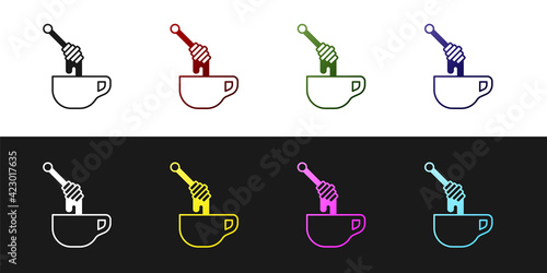 Set Honey dipper stick with dripping honey icon isolated on black and white background. Honey ladle. Vector